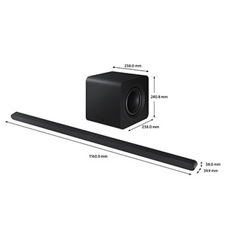 Dimensions of Samsung Soundbar HW-S800D(1160.0 x 38.0 x 39.9 mm) with its subwoofer(238.0 x 240.8 x 238.0 mm).
