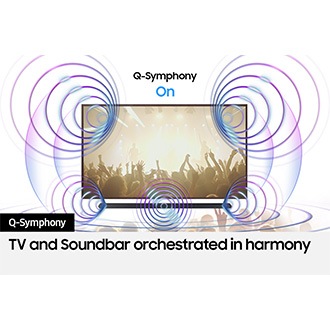 With Q-Symphony on, sound from both the TV and ultra slim soundbar come together in harmony.