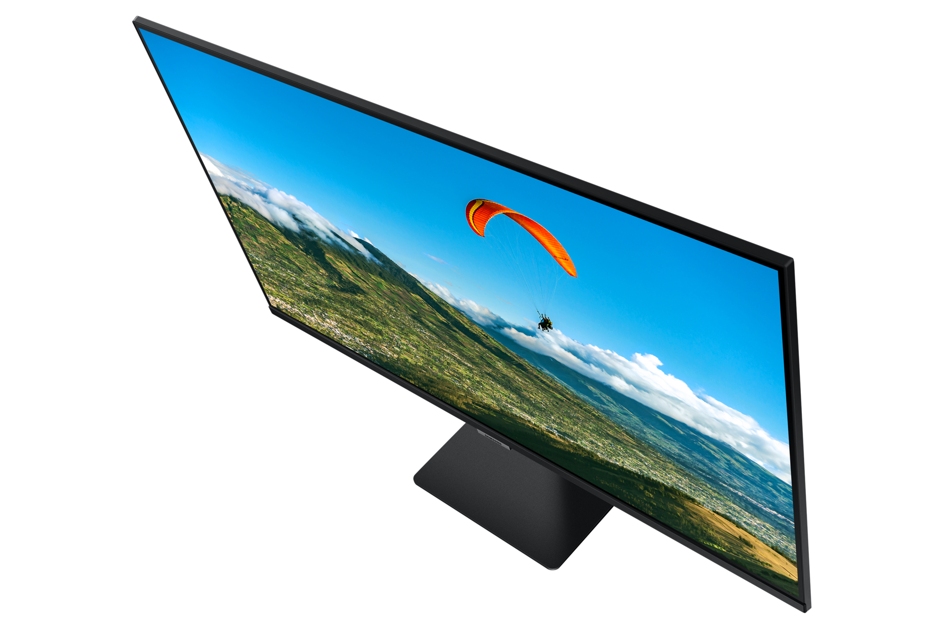 Tampilan atas ke bawah dari 27 Inci Smart Monitor Layar Datar dan TV menunjukkan desain yang tipis dan hemat tempat.