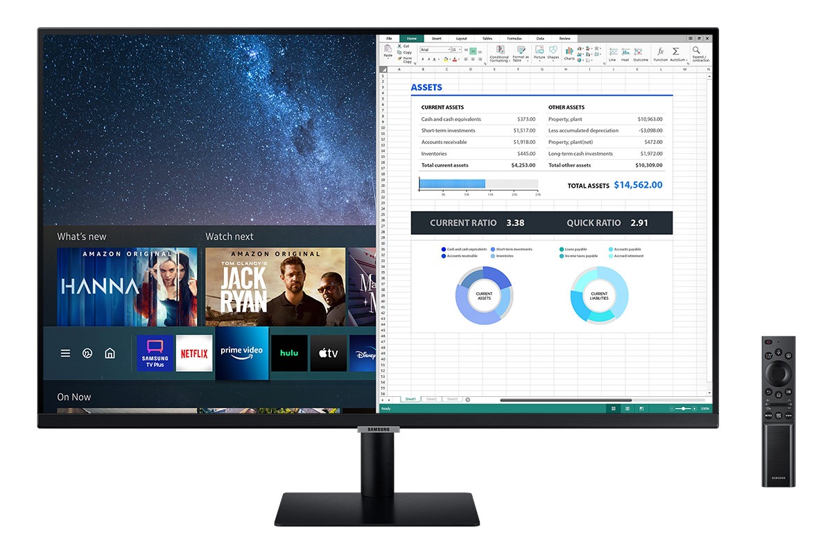 Tampilan dekat dari 27 Inci Smart Monitor Layar Datar dan TV menunjukkan desain yang ramping dan elegan.