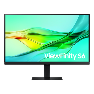 Front of 27 inch Samsung ViewFinity S60UD with green wave on screen.