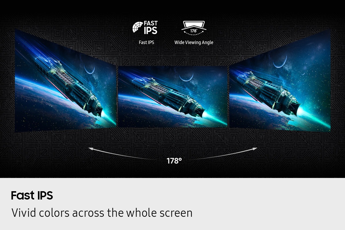 Fast IPS. Vivid colors across the whole screen. Three screens placed side by side show a 178° wide viewing angle. Icons for Fast IPS and Wide Viewing Angle.
