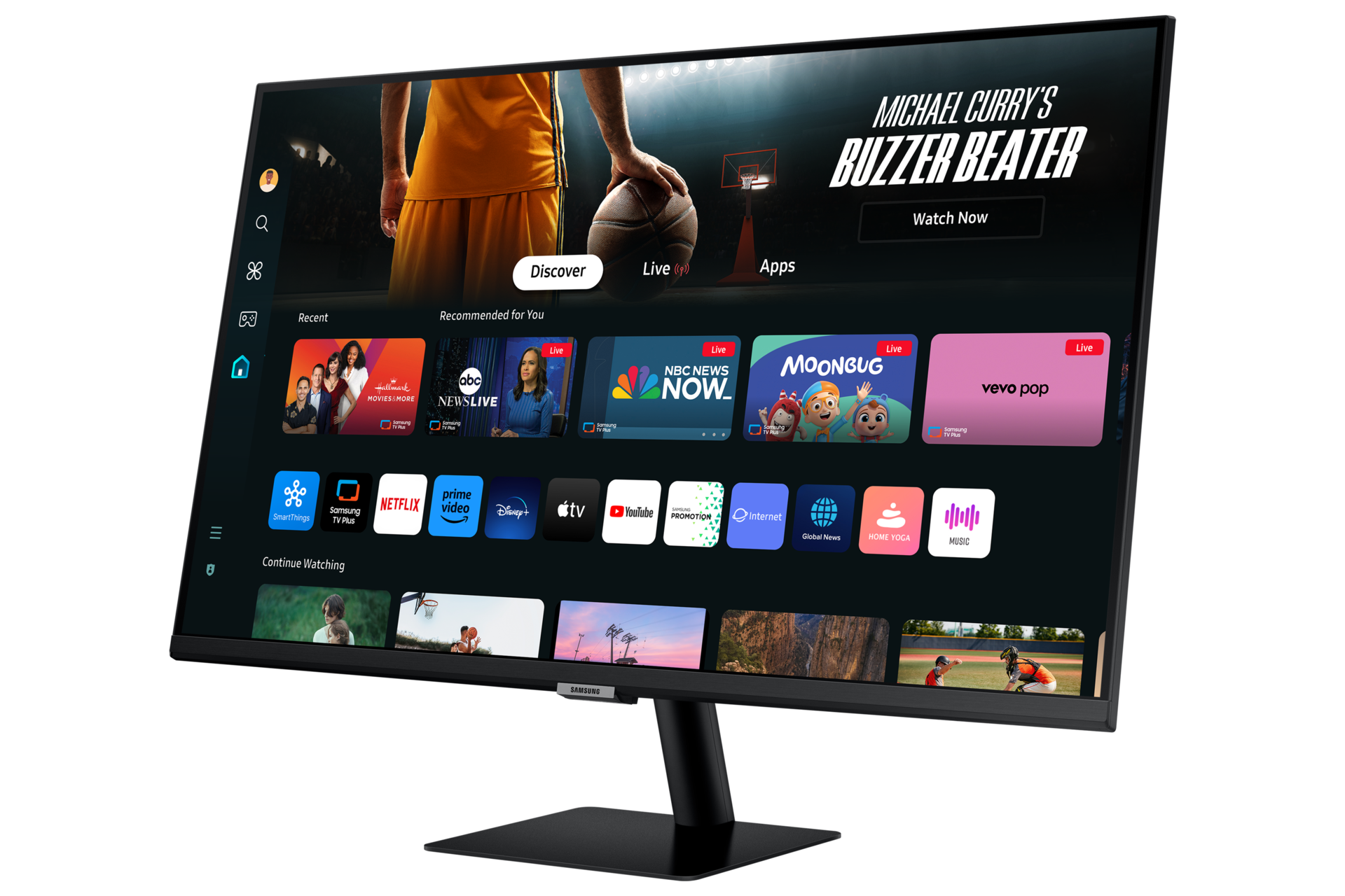 Front-right perspective image of 32inch Samsung Smart Monitor M70D with Smart TV Apps on screen.