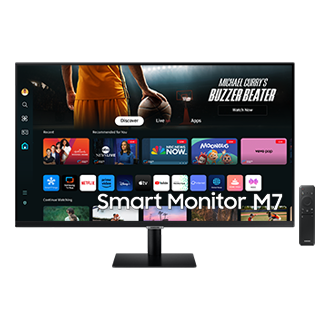 Front image of 32inch Samsung Smart Monitor M70D with Smart TV Apps on screen, and remote control.