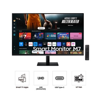 Front image of 32inch Samsung Smart Monitor M70D with  Smart TV Apps on screen, remote control and four icons for features about Smart TV Apps, UHD, USB type-C and IoT hub.