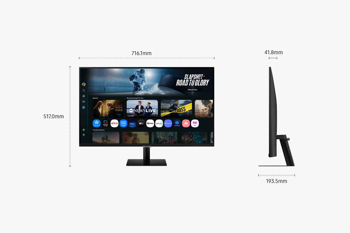 Dimensions of 32 inch Samsung Smart Monitor M7 (716.1 x 517.0 x 193.5 mm) with a stand, and screen depth of 41.8 mm without stand. Screen showing various content.