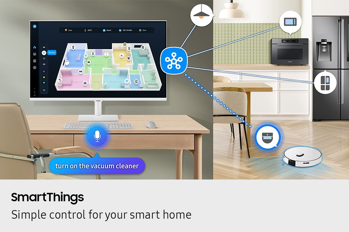 SmartThings. Simple control for your smart home. A monitor shows 3D Map View of home devices. Microwave, light bulb, refrigerator and vacuum cleaner connected to SmartThings icon. Microphone icon with dialogue bubble reading "turn on the vacuum cleaner." Vacuum cleaner turned on.
