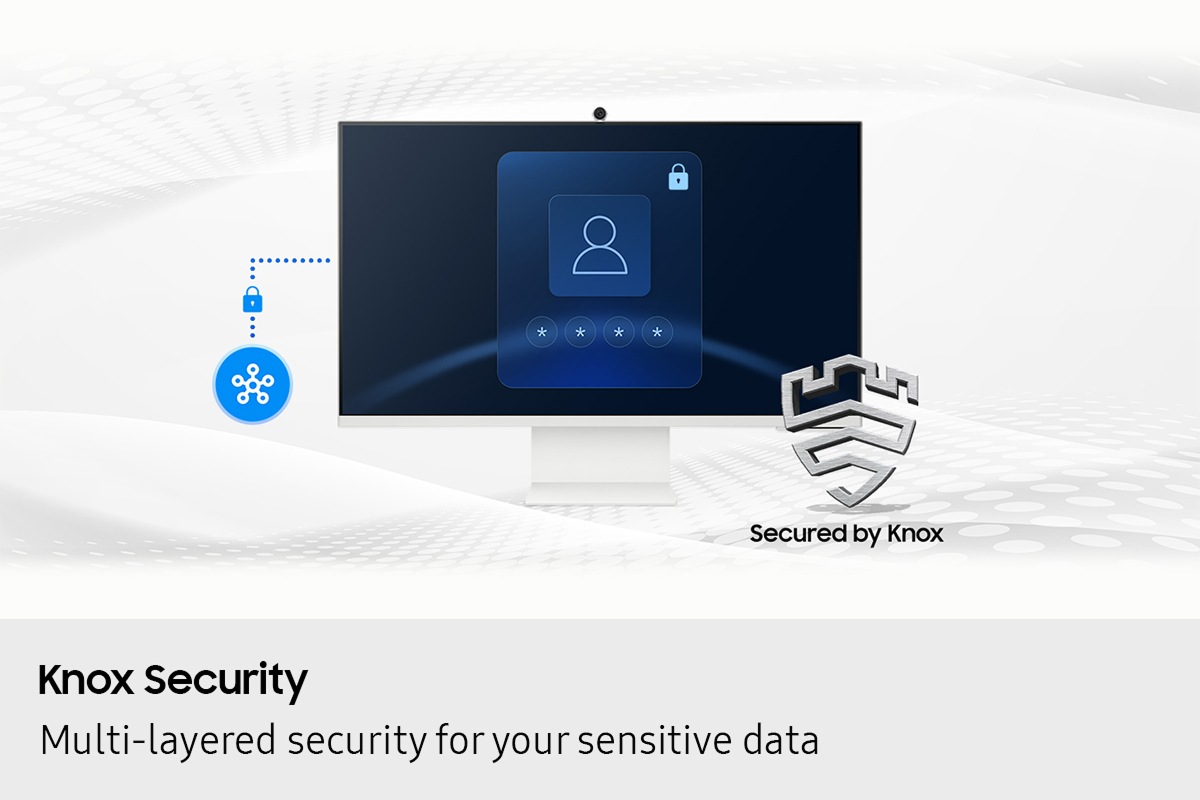 Knox Security. Multi-layered security for your sensitive data. SmartThings links to the monitor. Monitor shows a secure login screen. Secured by Knox logo.