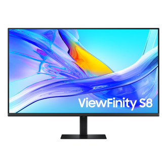 Front of 37 inch Samsung ViewFinity S8 S80UD with the screen showing abstract colorful patterns.