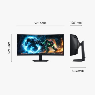 Dimensions of 40 inch Samsung Odyssey G7 (928.6 x 599.0 x 303.8 mm) with a stand, and a screen depth of 196.1 mm without a stand. The screen shows a fight scene.