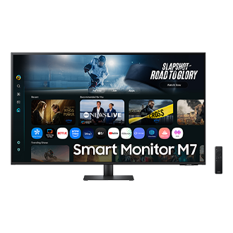 Front of 43 inch Samsung Smart Monitor M7 with the screen showing Smart TV Apps page with various content and apps lined up, and a remote control.