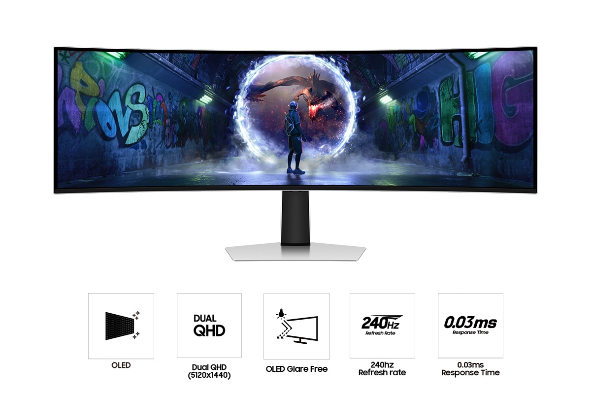 Front of  Samsung Odyssey OLED G9 G93SD with a warrior in front of a portal on screen, and five icons for features about OLED, Dual QHD, OLED Glare Free, 240Hz refresh rate, and 0.03ms response time