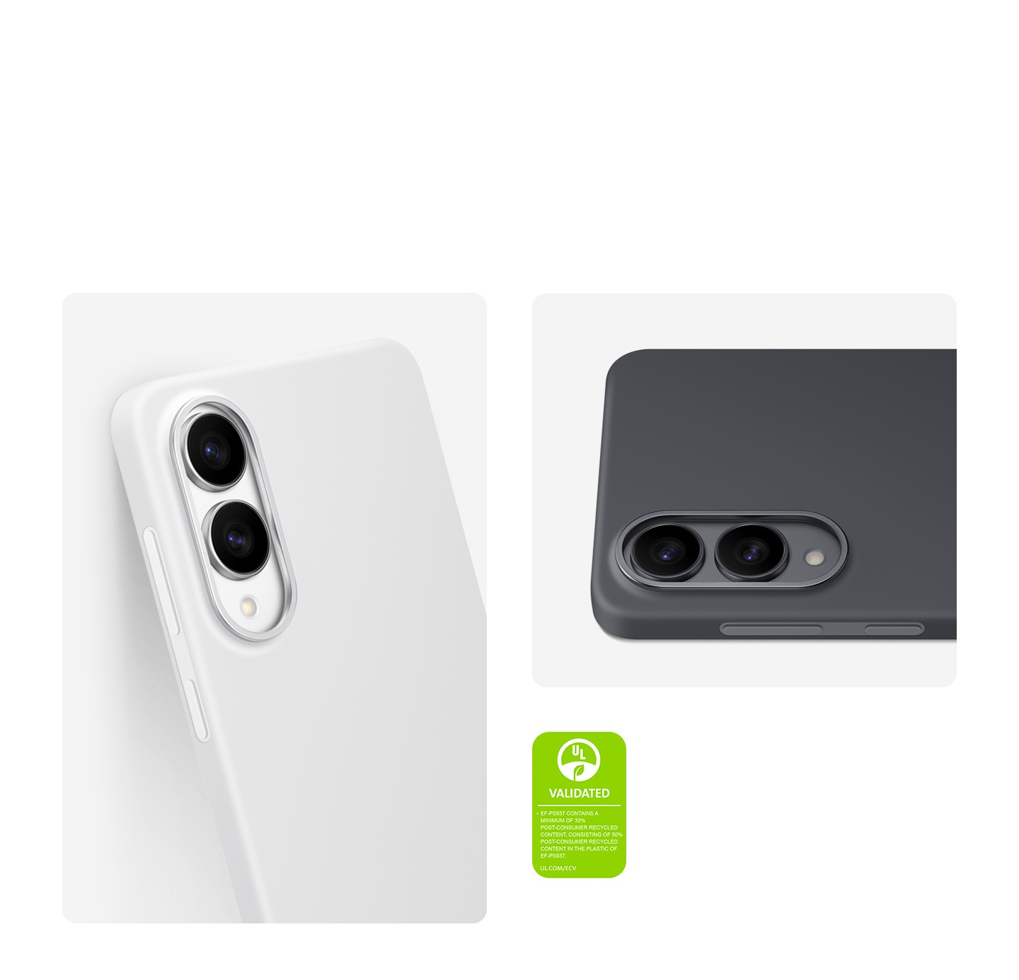 Two Galaxy S25 Edge installed with the Silicone Case are shown from the upper half only, from the back side with their camera lenses. One is in the Light Gray Silicone Case and the other is in a Black one. A UL Environmental Claim Validation Mark is shown that reads 'EF-PS937 CONTAINS A MINIMUM OF 33% POST-CONSUMER RECYCLED CONTENT, CONSISTING OF 50% POST-CONSUMER RECYCLED CONTENT IN THE PLASTIC OF EF-PS937. UL.COM/ECV'.