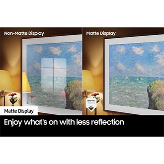 The left side of the screen with the word 'Non-Matte Display' shows The Frame displaying an artwork full of reflections. The right side of the screen with the words 'Matte Display' shows The Frame with the same painting that has no glare. A glare-free certified logo that Reflection Glare UGR < 10 Discomfort Glare UGR < 22 Disability Glare UGR < 34 is on the lower left side.