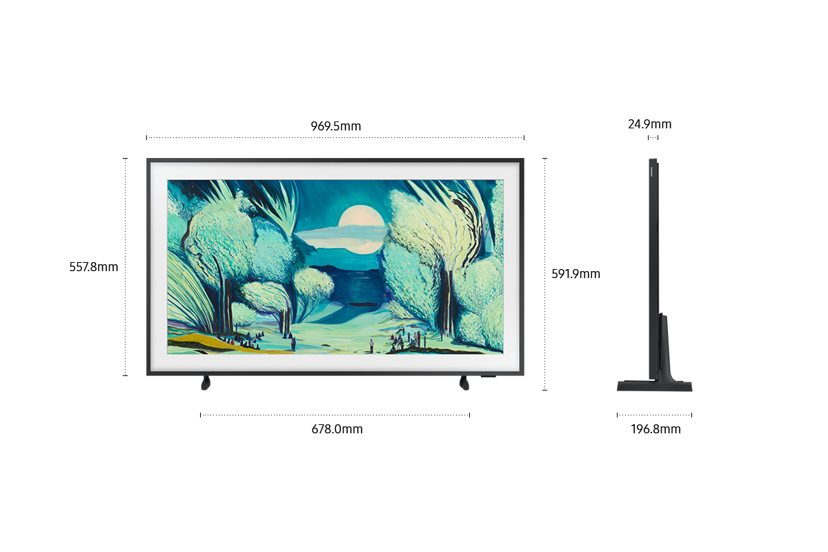 [Dímé~ñsíó~ñ óf S~ámsú~ñg Th~é Frá~mé LS~03F scr~ééñ ó~ñlý (965.5 x~ 559.4 x 25.7 mm). H~éígh~t wít~h Sím~plé B~láck~ Stáñ~d (614.7 mm). D~íméñ~síóñ~ óf Sí~mplé~ Blác~k Stá~ñd. (690 x 198.4 m~m).]