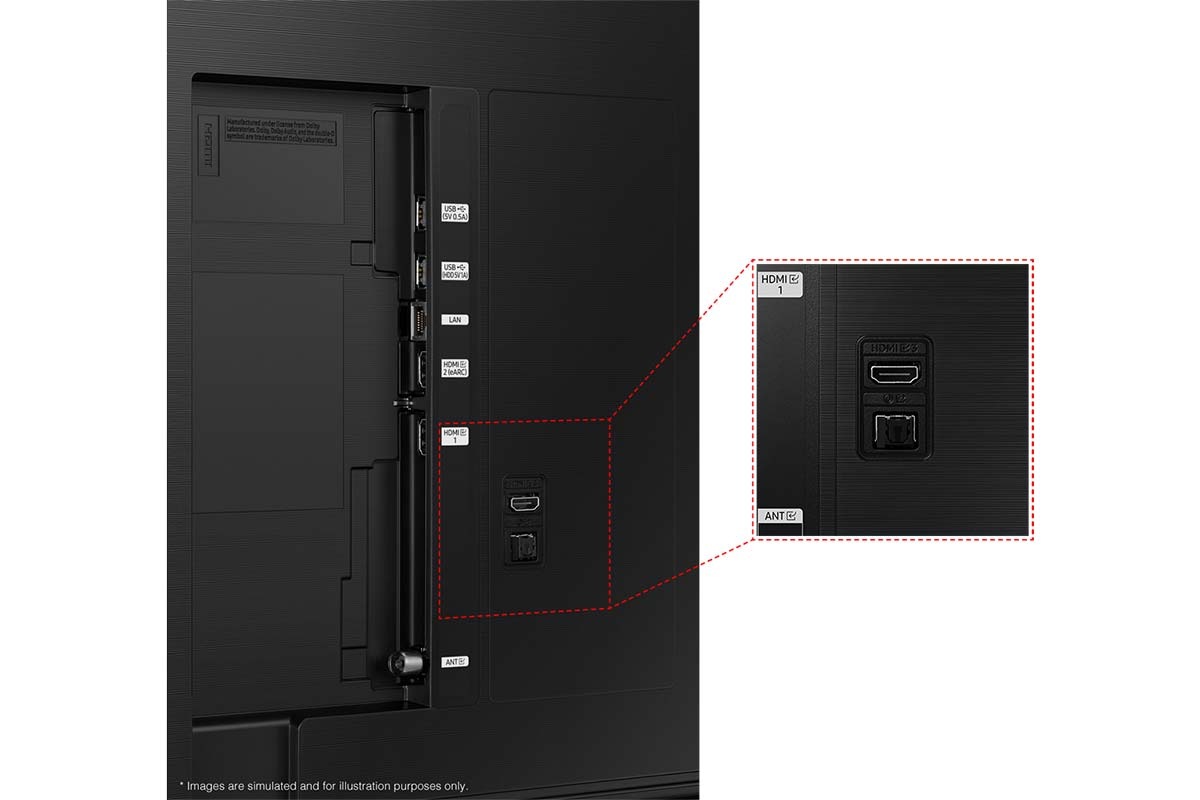 Samsung 2024 QLED Q60D has USB, HDMI, LAN, atenna ports and etc. on the side.