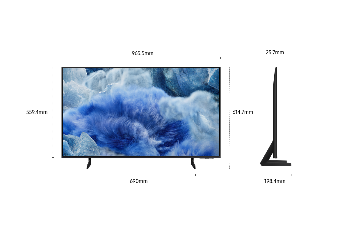 Dimension of Samsung QLED Q8F screen only (965.5 x 559.4 x 25.7 mm). Height with Black Aero Linear Stand (614.7 mm). Dimension of  Black Aero Linear Stand (690 x 198.4 mm)