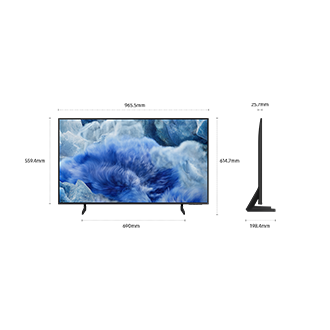 Dimension of Samsung QLED Q8F screen only (965.5 x 559.4 x 25.7 mm). Height with Black Aero Linear Stand (614.7 mm). Dimension of  Black Aero Linear Stand (690 x 198.4 mm)
