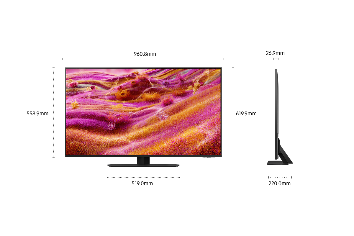 Dimension of Samsung Neo QLED QN90F screen only (960.8 x 558.9 x 26.9 mm). Height with Titan Black Sharp Neck Hexagon Stand 619.9 mm). Dimension of Titan Black Sharp Neck Hexagon Stand. (519.0 x 220.0 mm).