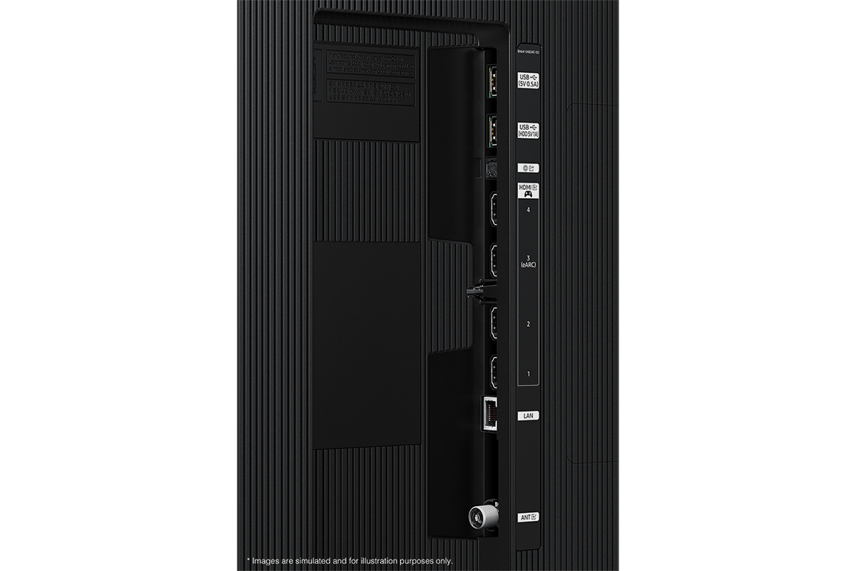 Samsung 2025 Neo QLED 4K QN90F has USB, HDMI, LAN, antenna ports and etc. on the side