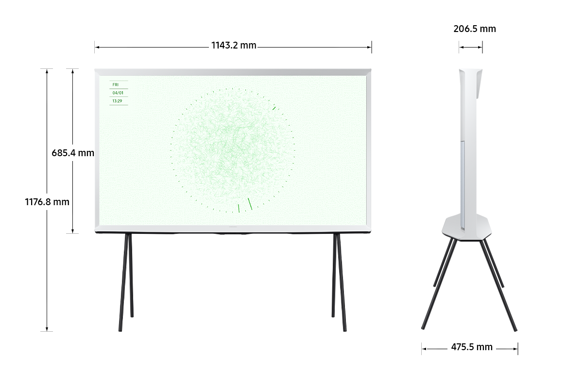 Dimension of Samsung The Serif (1143.2 x 685.4 x 206.5 mm) with Low-position simple stand.