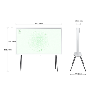 Dimension of Samsung The Serif (1143.2 x 685.4 x 206.5 mm) with Low-position simple stand.