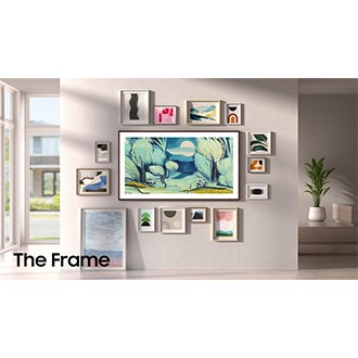 Samsung The Frame TV wall-mounted in a modern home displays artwork, seamlessly blending in with other artworks around it.