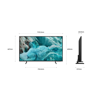 Dimension of Samsung QLED Q7F screen only (1120.3 x 647 x 6 mm). Height with Black Flat Feet Narrow Stand (694 mm). Dimension of Black Flat Feet Narrow Stand. (750.6 x 237 mm).