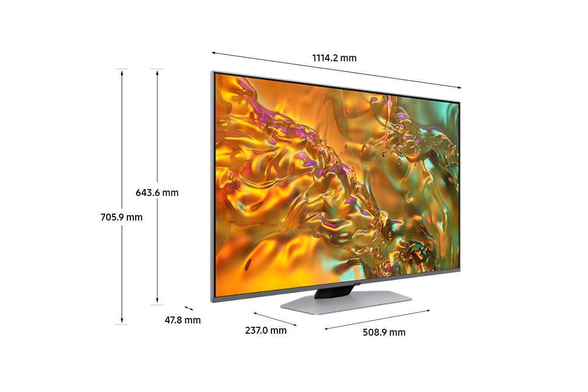 Dimension of Samsung Neo QLED TV(1114.2 x 705.9 x 237.0 mm) Q80D with silver new hexagon plate stand