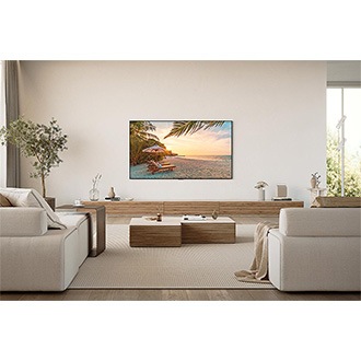 Wall-mounted Q80D in a natural white-toned living room.