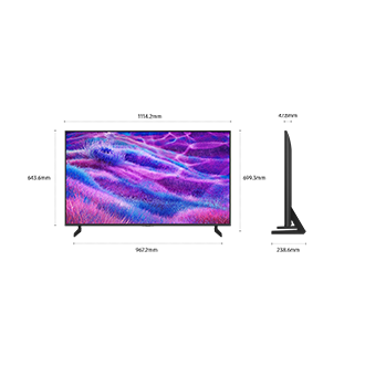 Dimension of Samsung Neo QLED QN80F screen only (1114.2 x 643.6 x 47.8 mm). Height with Black Aero Linear Stand (699.3 mm). Dimension of Black Aero Linear Stand. (967.2 x 238.6 mm).