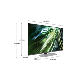 Dimension of Samsung Neo QLED TV(1113.6 x 705.4 x 220.0 mm) QN90D with silver sharp neck hexagon stand