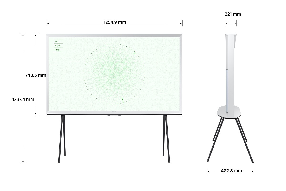 Dimension of Samsung The Serif (1254.9 x 1237.4 x 482.8 mm) with Low-position simple stand.