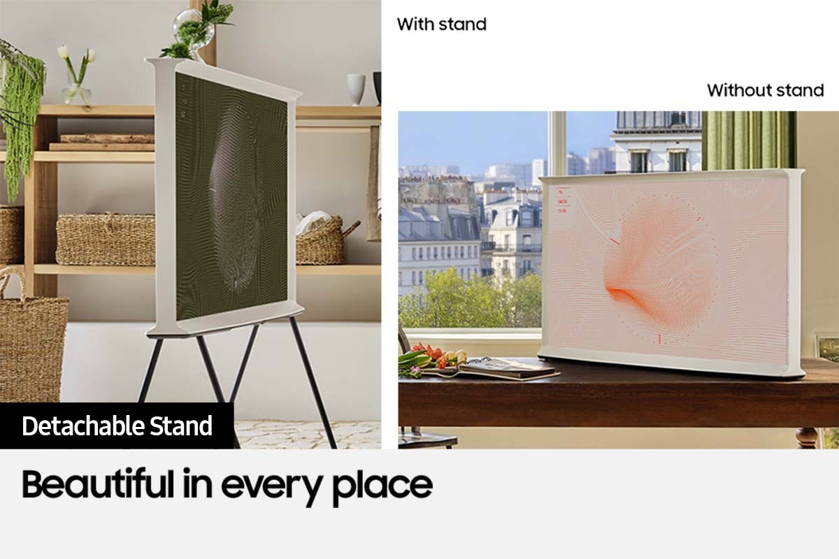 The Serif TV is shown in different positions With stand and Without stand in two different locations.