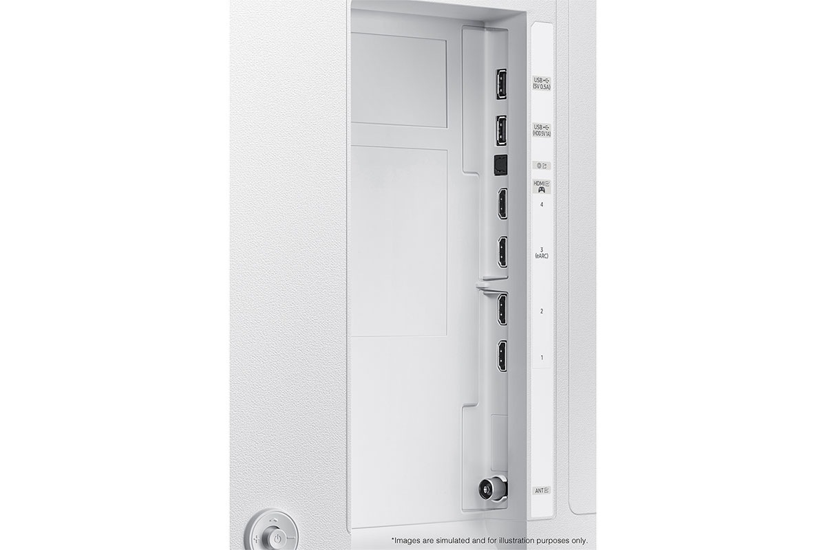 Samsung 2024 The Serif LS01D has USB, HDMI, atenna ports and etc. on the side.