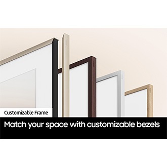 A variety of The Frame's customizable bezels in different colors are displayed.