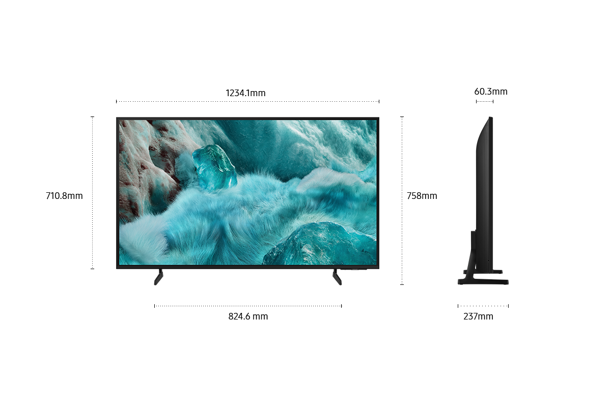 Dimension of Samsung QLED Q7F screen only (1234.1 x 710.8 x 60.3 mm). Height with Black Flat Feet Narrow Stand (758 mm). Dimension of Black Flat Feet Narrow Stand. (824.6 x 237 mm).