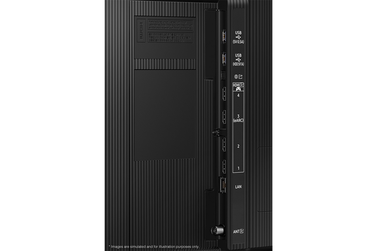 Samsung 2024 QLED Q80D has USB, HDMI, LAN, antenna ports and etc. on the side.