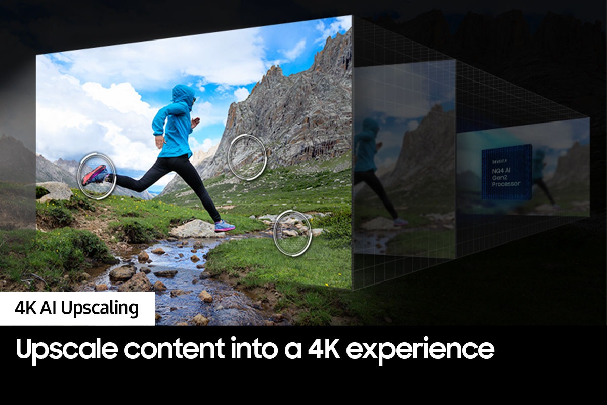 The details of a mountain side, rocks in a creek and shoes of a runner in a scene are upscaled to great clarity.