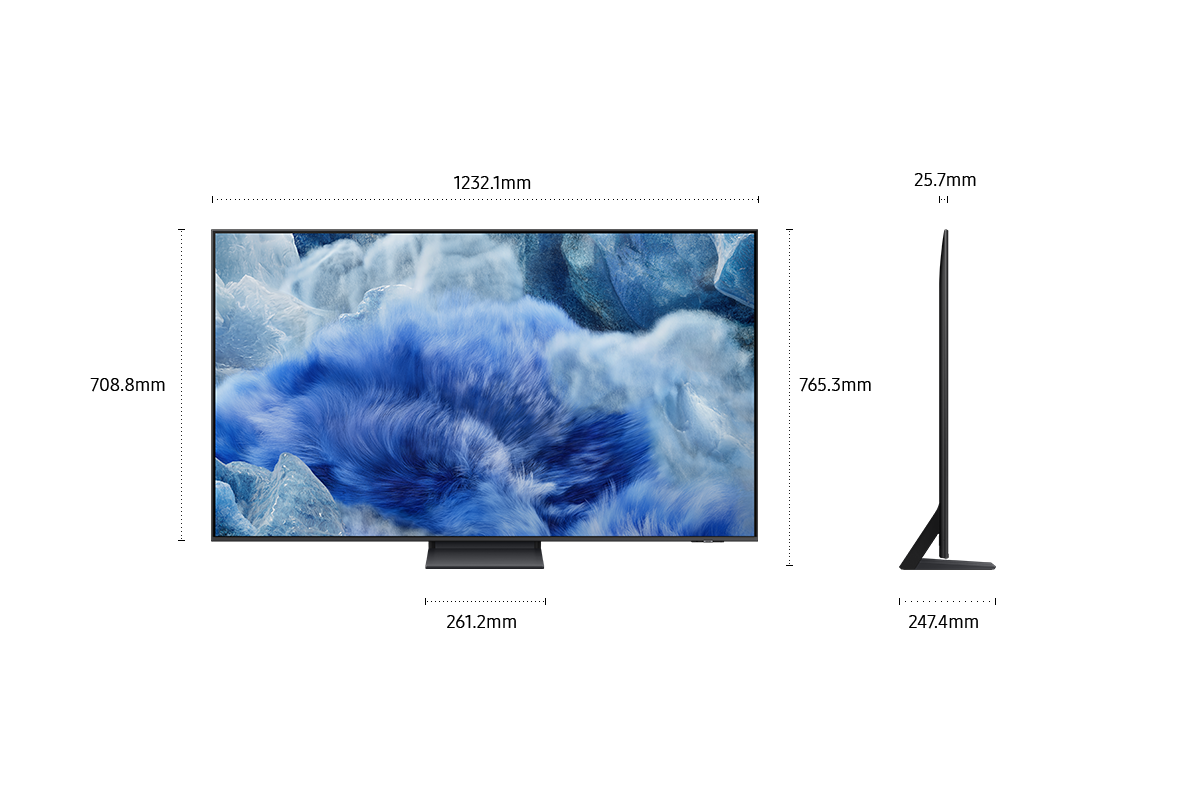 Dimension of Samsung QLED Q8F screen only (1232.1 x 708.8 x 25.7 mm). Height with Black Aero Linear Stand (765.3 mm). Dimension of  Black Aero Linear Stand (261.2 x 247.4 mm).