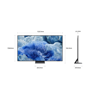 Dimension of Samsung QLED Q8F screen only (1232.1 x 708.8 x 25.7 mm). Height with Black Aero Linear Stand (765.3 mm). Dimension of  Black Aero Linear Stand (261.2 x 247.4 mm).