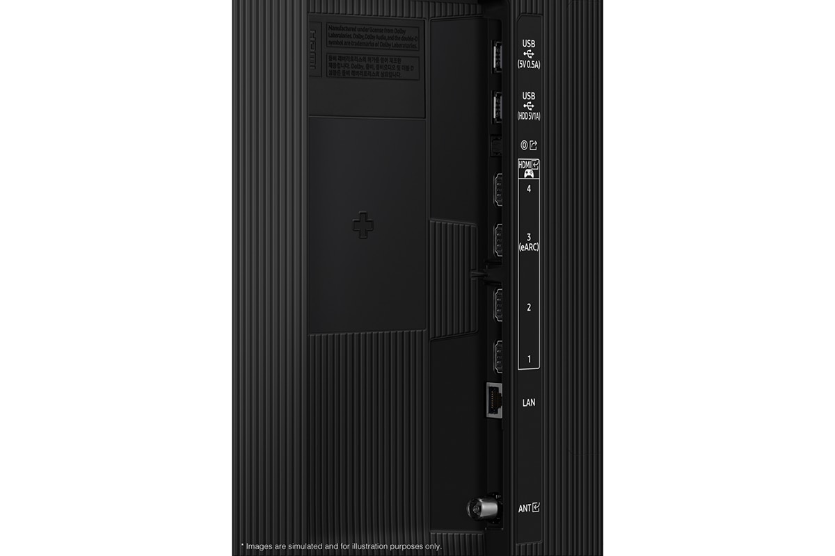 Samsung 2025 Neo QLED QN70F has USB, HDMI, LAN, antenna ports and etc. on the side.