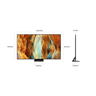 Dimension of Samsung Neo QLED QN70F screen only (1232.9 x 709.2 x 25.7 mm). Height with Black Aero Center Stand 765.7 mm). Dimension of Black Aero Center Stand (263.9 x 247.4 mm).