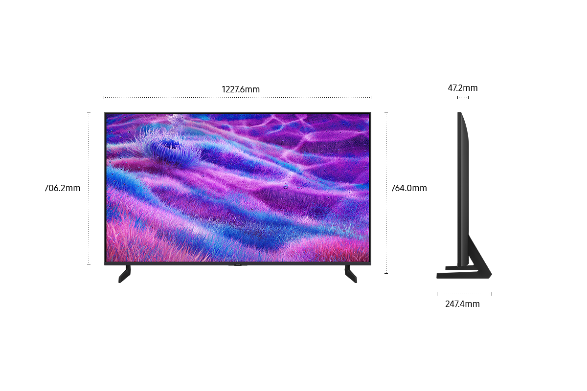 Dimension of Samsung Neo QLED QN80F screen only (1227.6 x 706.2 x 47.2 mm). Height with Black Aero Linear Stand (764.0 mm). Dimension of Black Aero Linear Stand. (967.2 x 247.4 mm).
