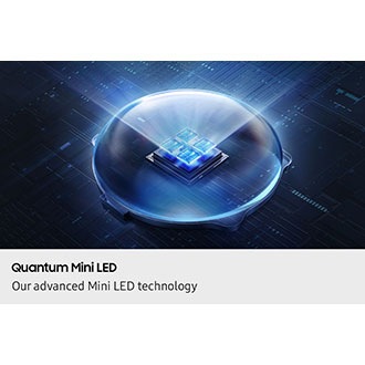 Inside a clear dome, four Mini LEDs are on display. The LEDs pop up and glow blue, emitting a beam of light that shines through the dome.