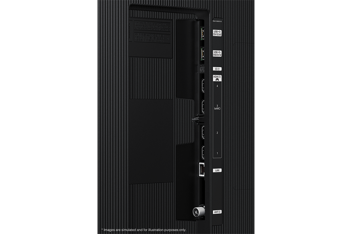 Samsung 2025 Neo QLED 4K QN85F has USB, HDMI, LAN, antenna ports and etc. on the side.