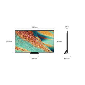 Dimension of Samsung Neo QLED QN85F screen only (1227.6 x 706.4 x 46.1 mm). Height with TitanBlack Metal Aero Center Stand (761.2 mm). Dimension of TitanBlack Metal Aero Center Stand. (263.9 x 247.4 mm).