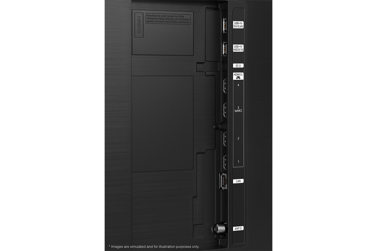 Samsung 2024 Neo QLED QN90D has USB, HDMI, LAN, antenna ports and etc. on the side.
