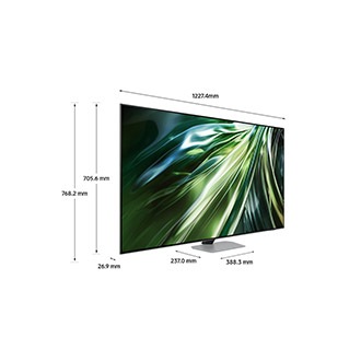 Dimension of Samsung Neo QLED TV(1227.4 x 768.2 x 237.0 mm) QN90D with silver sharp neck hexagon stand