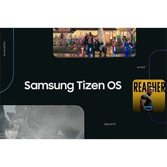 A Samsung Tizen OS screen displays content options.